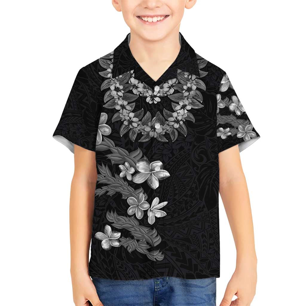 Hawaiian Lei Plumeria and Tropical Leaves Family Matching Puletasi and Hawaiian Shirt Watercolor Style-Grayscale