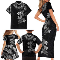 Hawaiian Lei Plumeria and Tropical Leaves Family Matching Short Sleeve Bodycon Dress and Hawaiian Shirt Watercolor Style-Grayscale