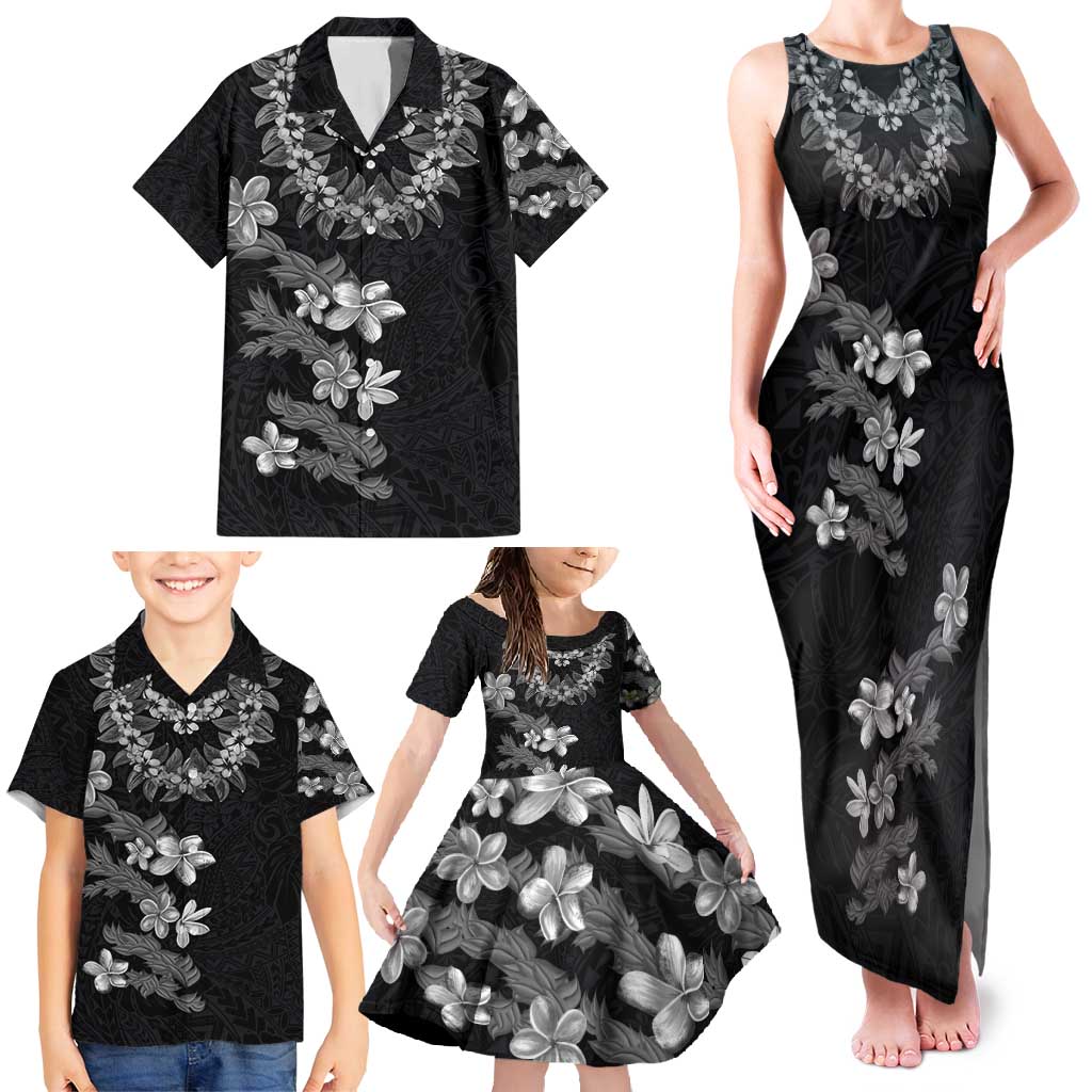 Hawaiian Lei Plumeria and Tropical Leaves Family Matching Tank Maxi Dress and Hawaiian Shirt Watercolor Style-Grayscale