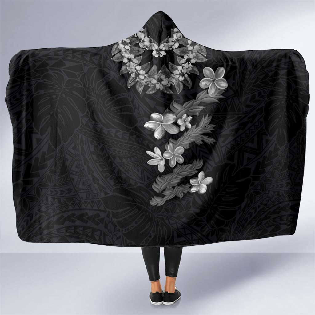 Hawaiian Lei Plumeria and Tropical Leaves Hooded Blanket Watercolor Style-Grayscale LT03 One Size Black - Polynesian Pride