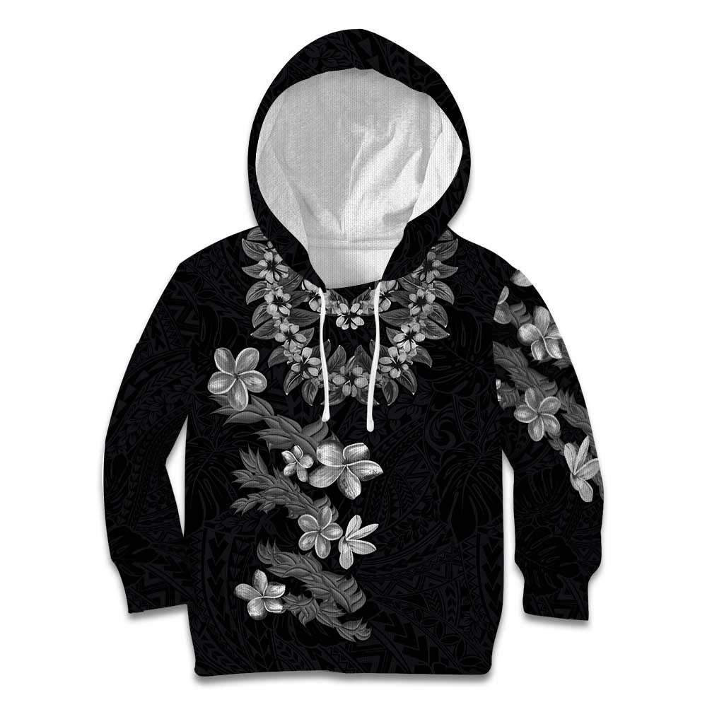 Hawaiian Lei Plumeria and Tropical Leaves Kid Hoodie Watercolor Style-Grayscale