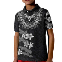 Hawaiian Lei Plumeria and Tropical Leaves Kid Polo Shirt Watercolor Style-Grayscale