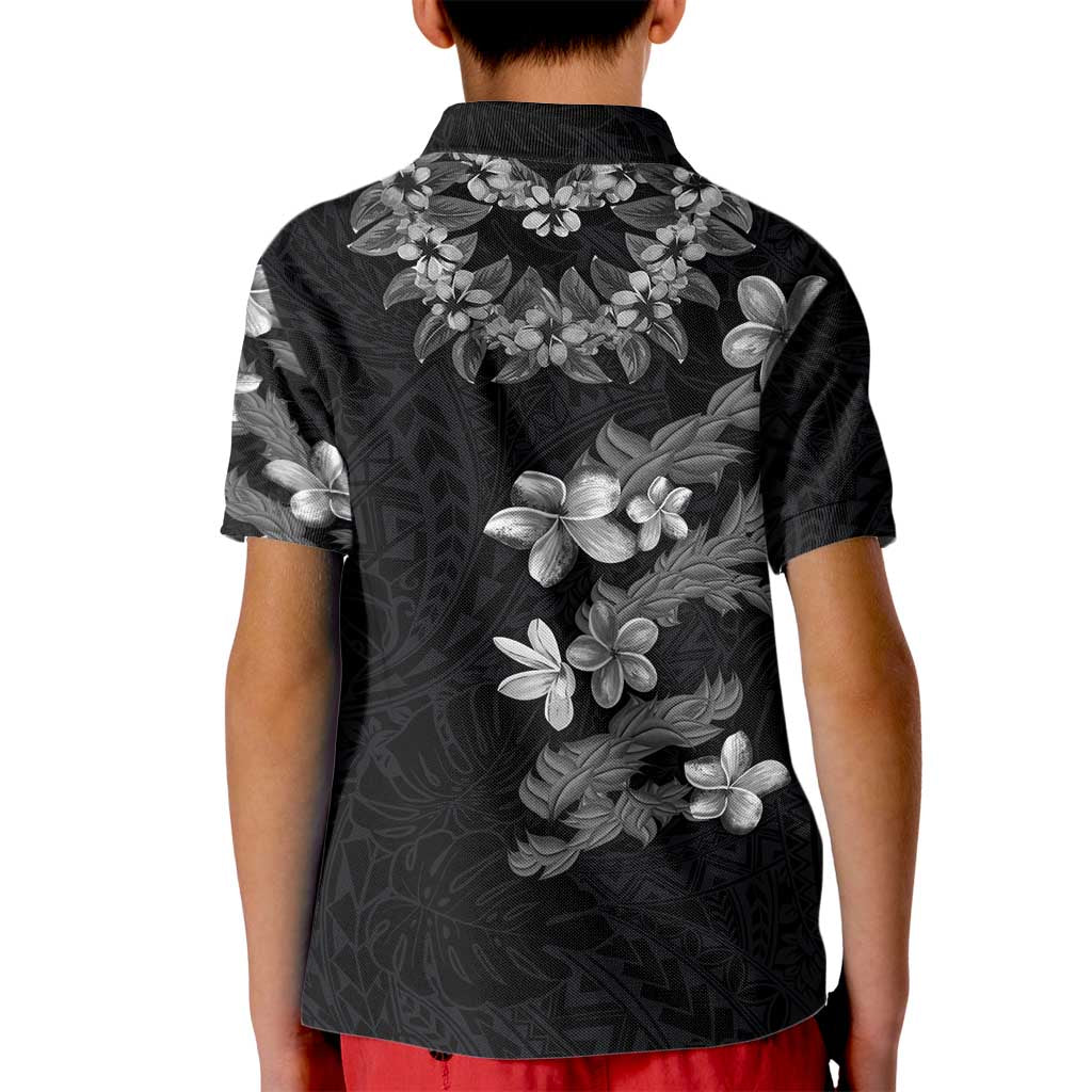 Hawaiian Lei Plumeria and Tropical Leaves Kid Polo Shirt Watercolor Style-Grayscale