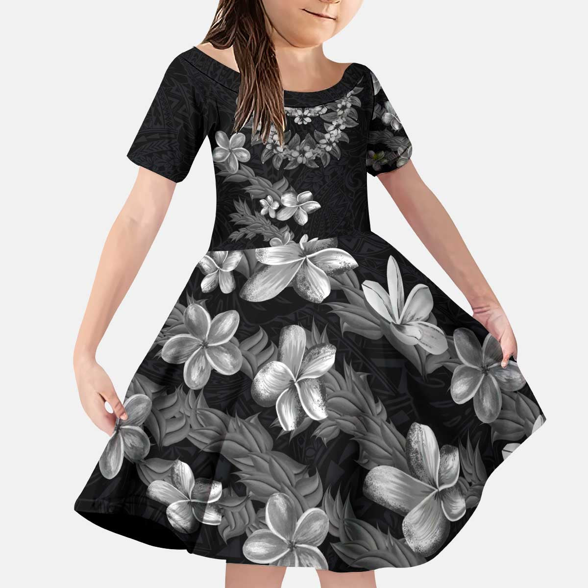 Hawaiian Lei Plumeria and Tropical Leaves Kid Short Sleeve Dress Watercolor Style-Grayscale LT03 KID Black - Polynesian Pride