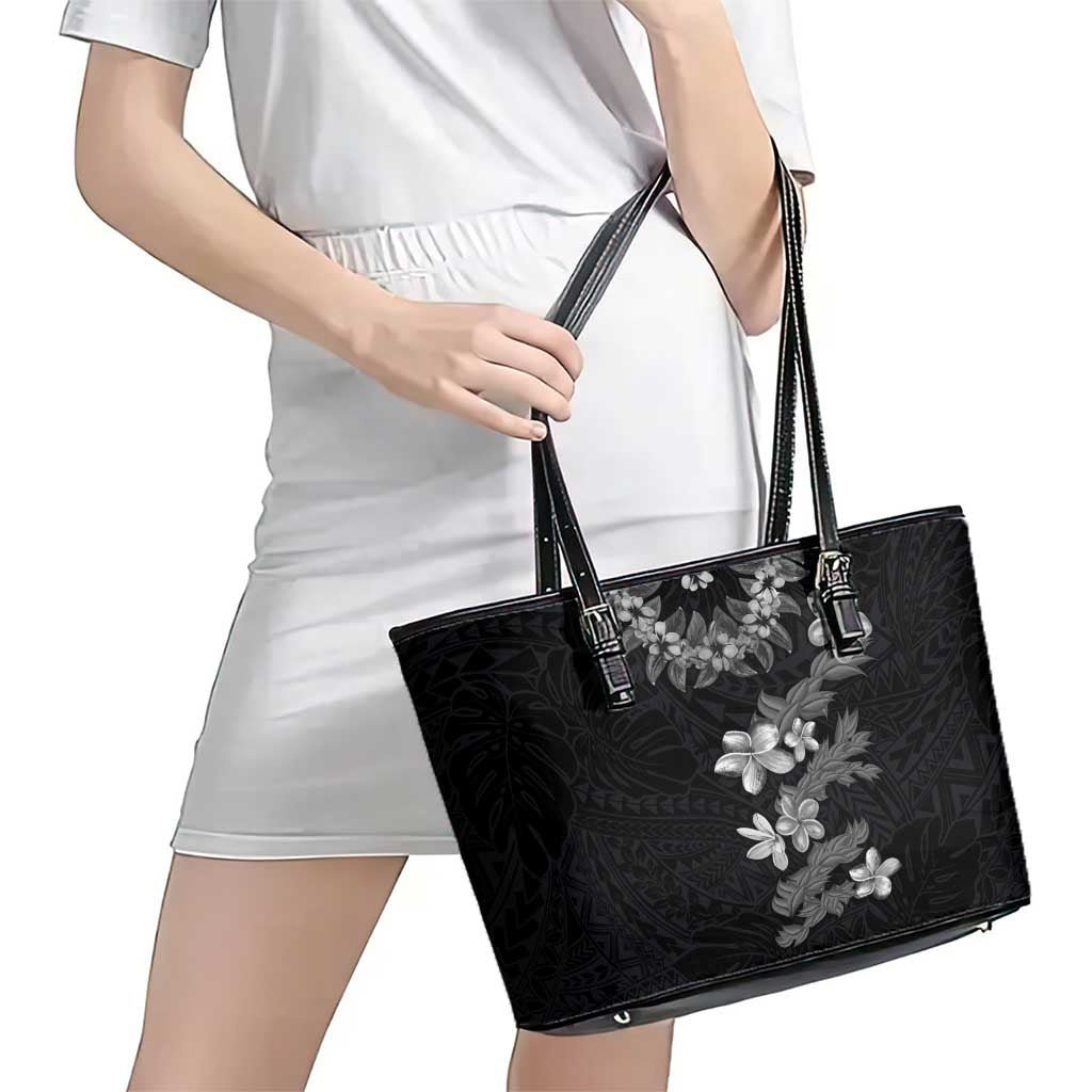 Hawaiian Lei Plumeria and Tropical Leaves Leather Tote Bag Watercolor Style-Grayscale