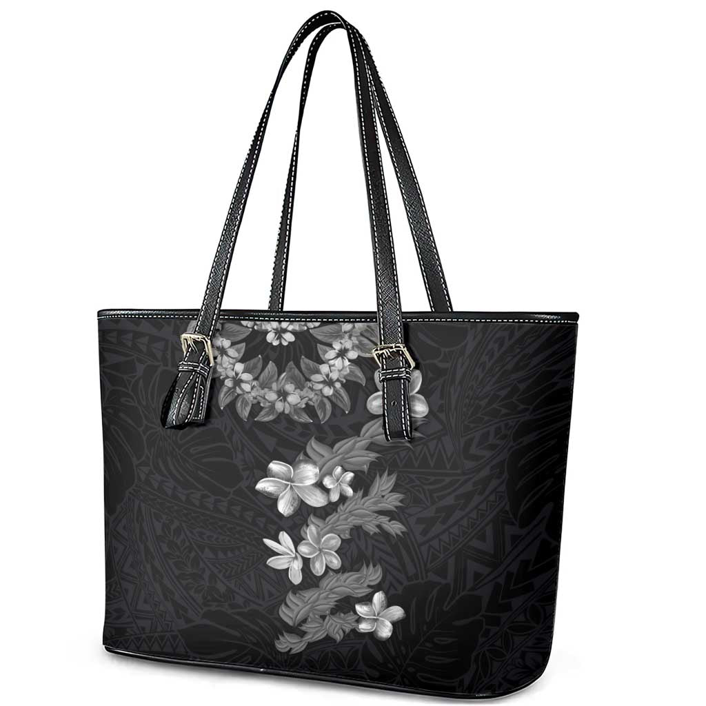 Hawaiian Lei Plumeria and Tropical Leaves Leather Tote Bag Watercolor Style-Grayscale