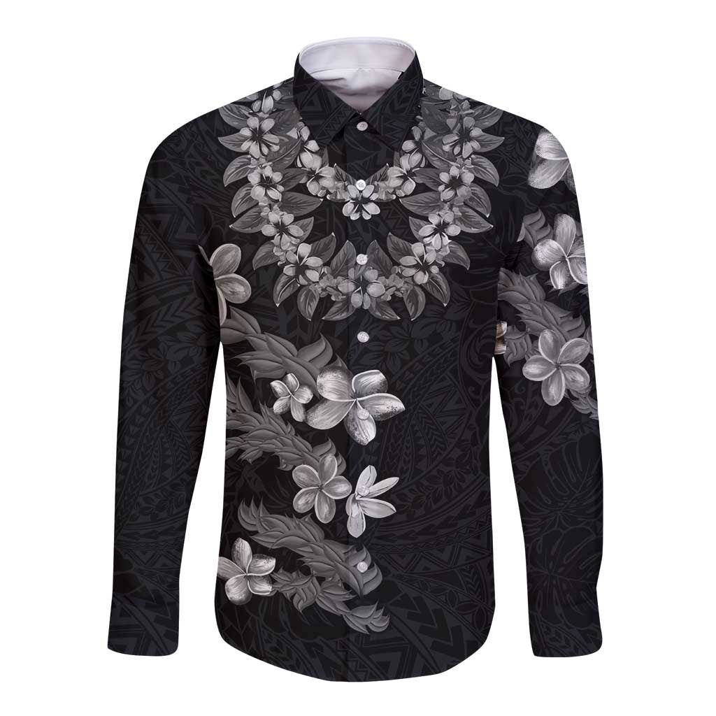 Hawaiian Lei Plumeria and Tropical Leaves Long Sleeve Button Shirt Watercolor Style-Grayscale LT03 Unisex Black - Polynesian Pride