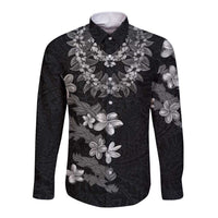 Hawaiian Lei Plumeria and Tropical Leaves Long Sleeve Button Shirt Watercolor Style-Grayscale LT03 Unisex Black - Polynesian Pride