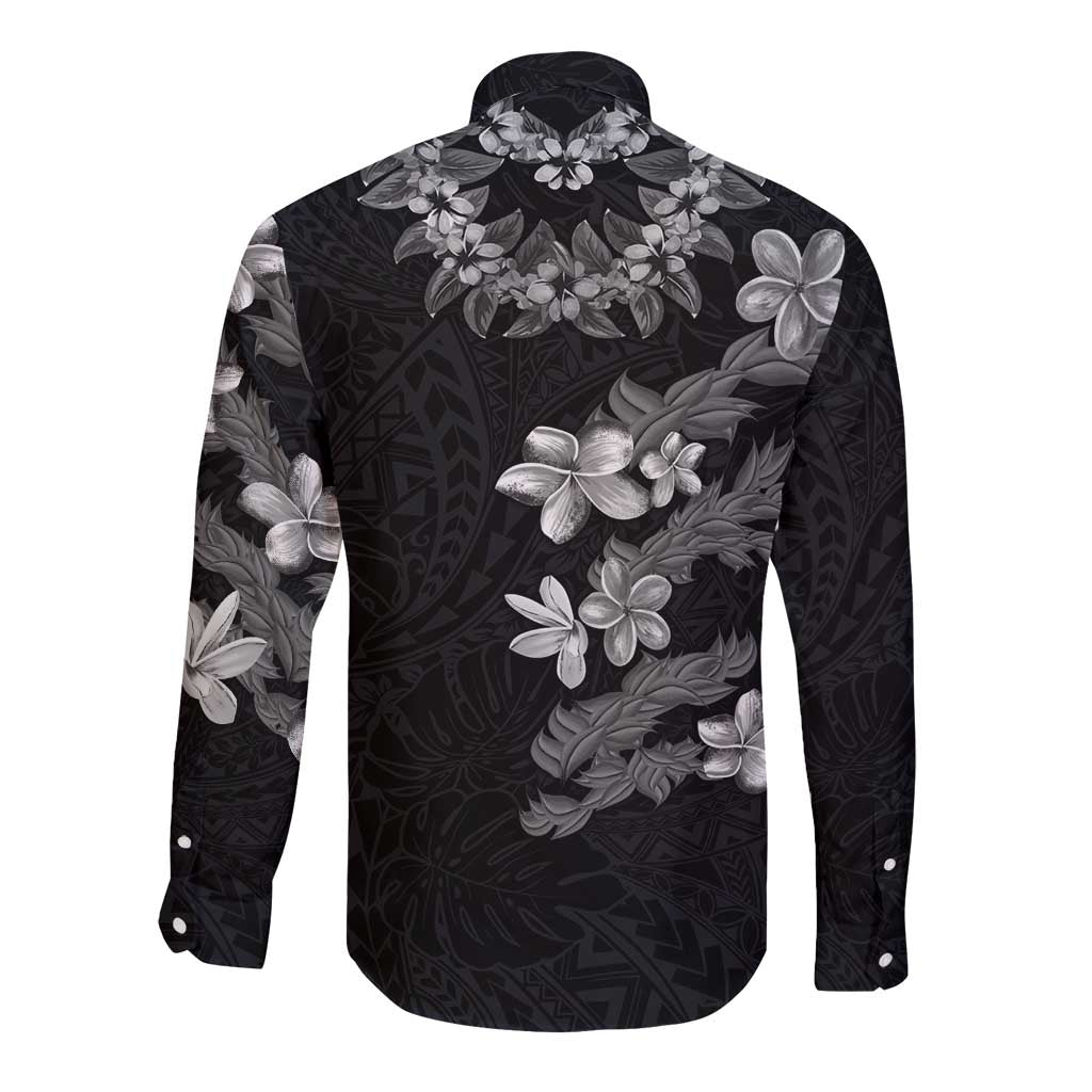 Hawaiian Lei Plumeria and Tropical Leaves Long Sleeve Button Shirt Watercolor Style-Grayscale LT03 - Polynesian Pride