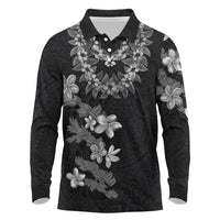 Hawaiian Lei Plumeria and Tropical Leaves Long Sleeve Polo Shirt Watercolor Style-Grayscale