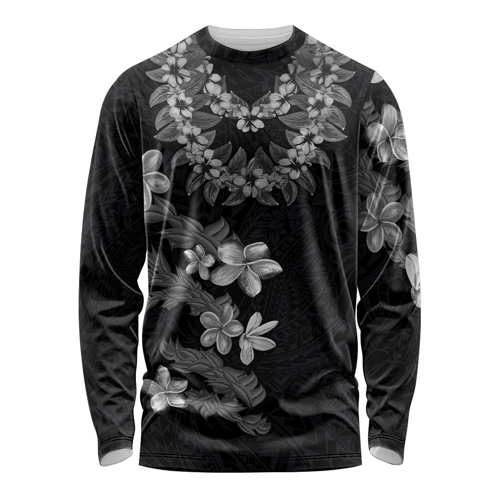 Hawaiian Lei Plumeria and Tropical Leaves Long Sleeve Shirt Watercolor Style-Grayscale LT03 Unisex Black - Polynesian Pride