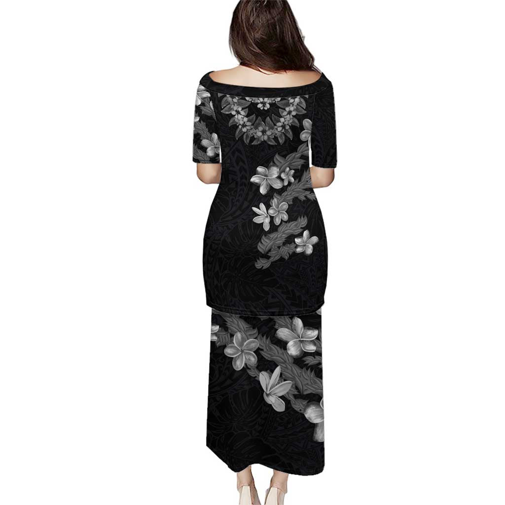 Hawaiian Lei Plumeria and Tropical Leaves Puletasi Watercolor Style-Grayscale