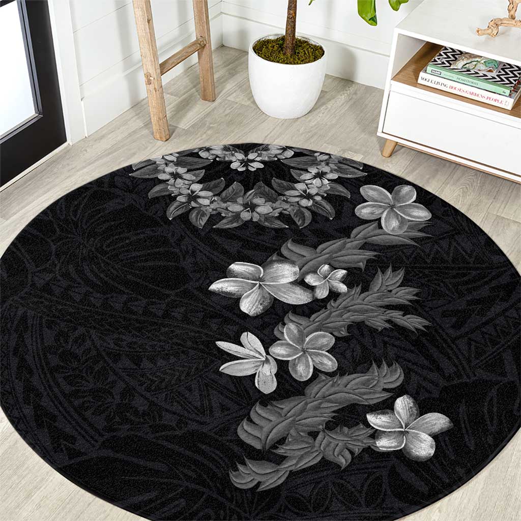 Hawaiian Lei Plumeria and Tropical Leaves Round Carpet Watercolor Style-Grayscale