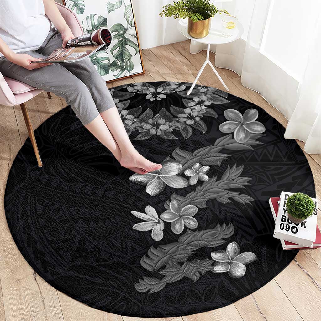 Hawaiian Lei Plumeria and Tropical Leaves Round Carpet Watercolor Style-Grayscale