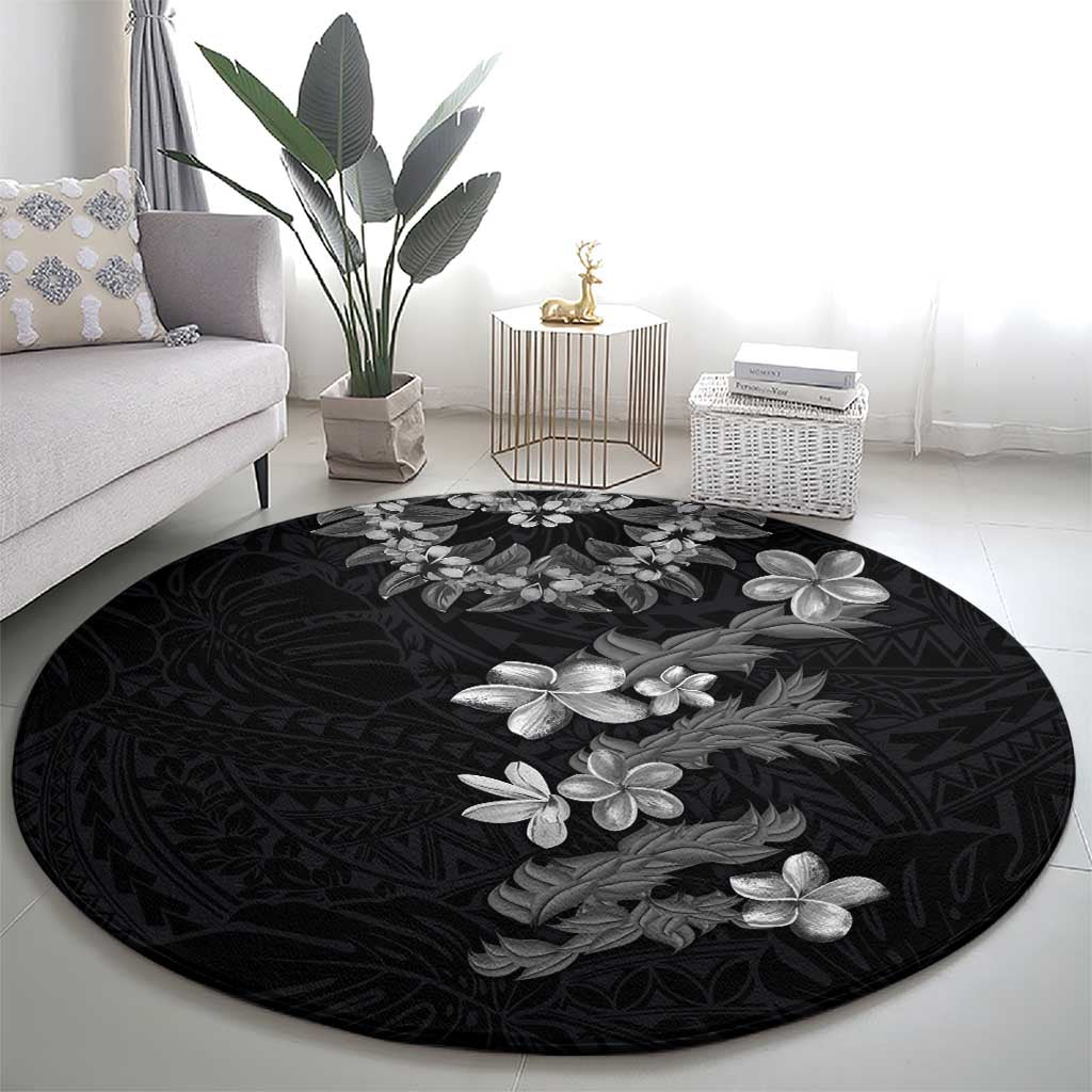Hawaiian Lei Plumeria and Tropical Leaves Round Carpet Watercolor Style-Grayscale