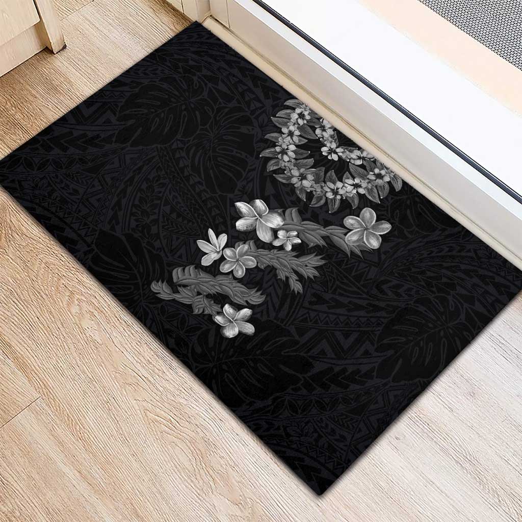 Hawaiian Lei Plumeria and Tropical Leaves Rubber Doormat Watercolor Style-Grayscale LT03 - Polynesian Pride