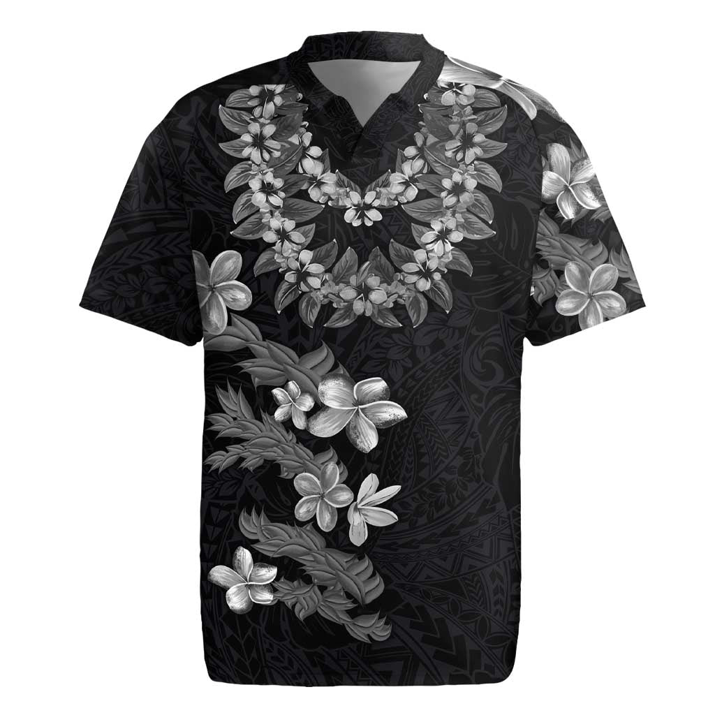 Hawaiian Lei Plumeria and Tropical Leaves Rugby Jersey Watercolor Style-Grayscale