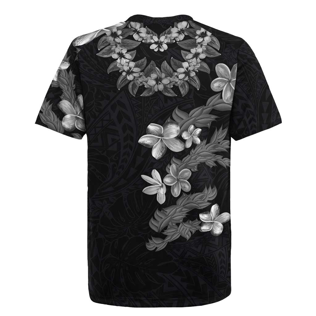 Hawaiian Lei Plumeria and Tropical Leaves Rugby Jersey Watercolor Style-Grayscale