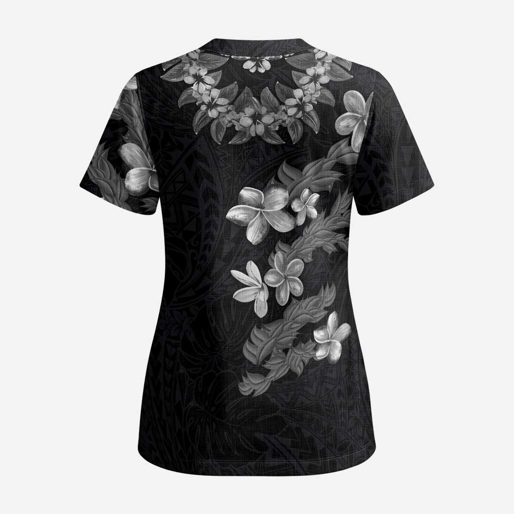 Hawaiian Lei Plumeria and Tropical Leaves Scrub Top Watercolor Style-Grayscale - Polynesian Pride