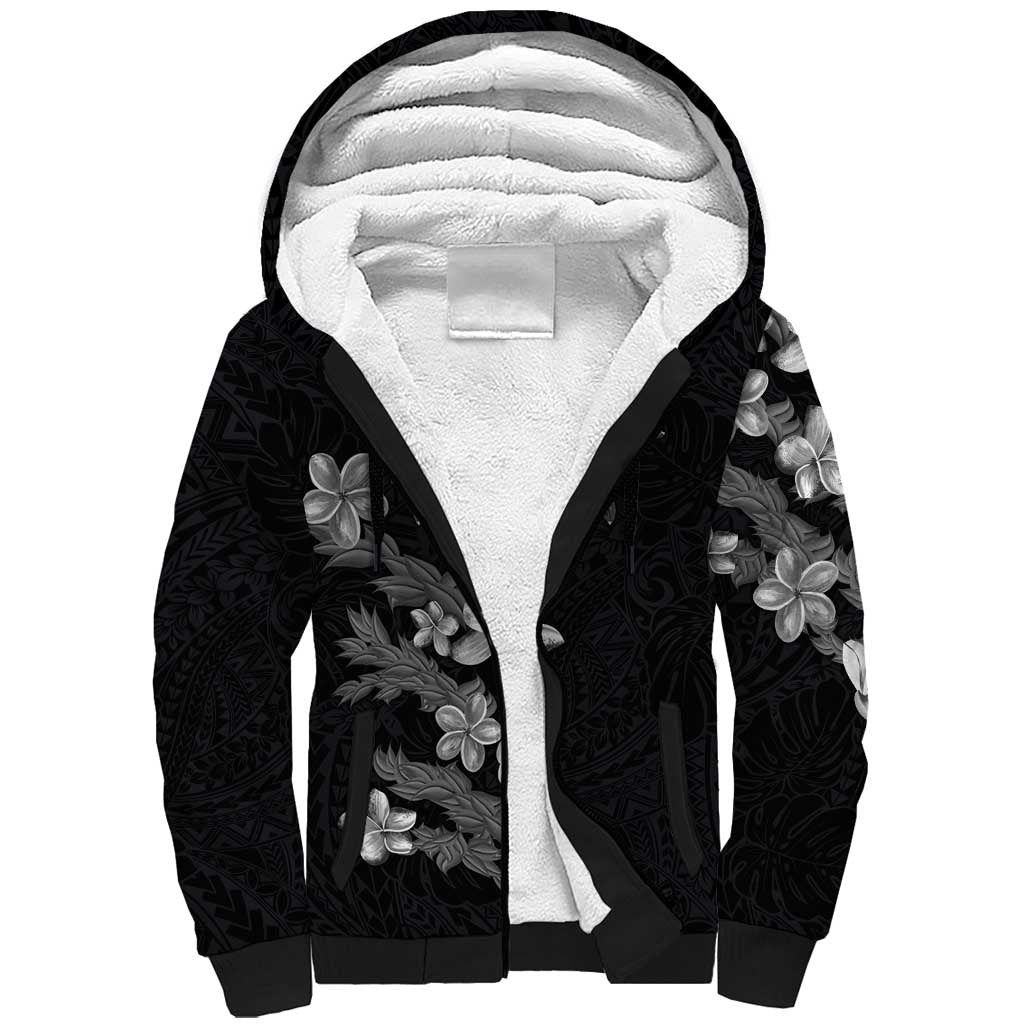 Hawaiian Lei Plumeria and Tropical Leaves Sherpa Hoodie Watercolor Style-Grayscale LT03 Unisex Black - Polynesian Pride