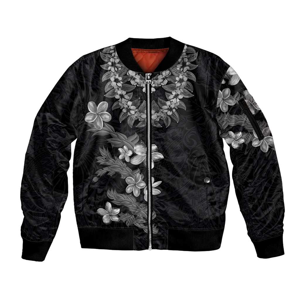 Hawaiian Lei Plumeria and Tropical Leaves Sleeve Zip Bomber Jacket Watercolor Style-Grayscale