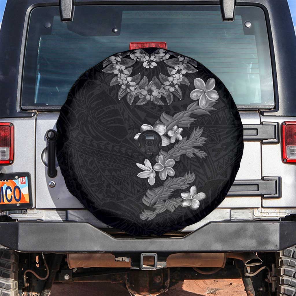 Hawaiian Lei Plumeria and Tropical Leaves Spare Tire Cover Watercolor Style-Grayscale