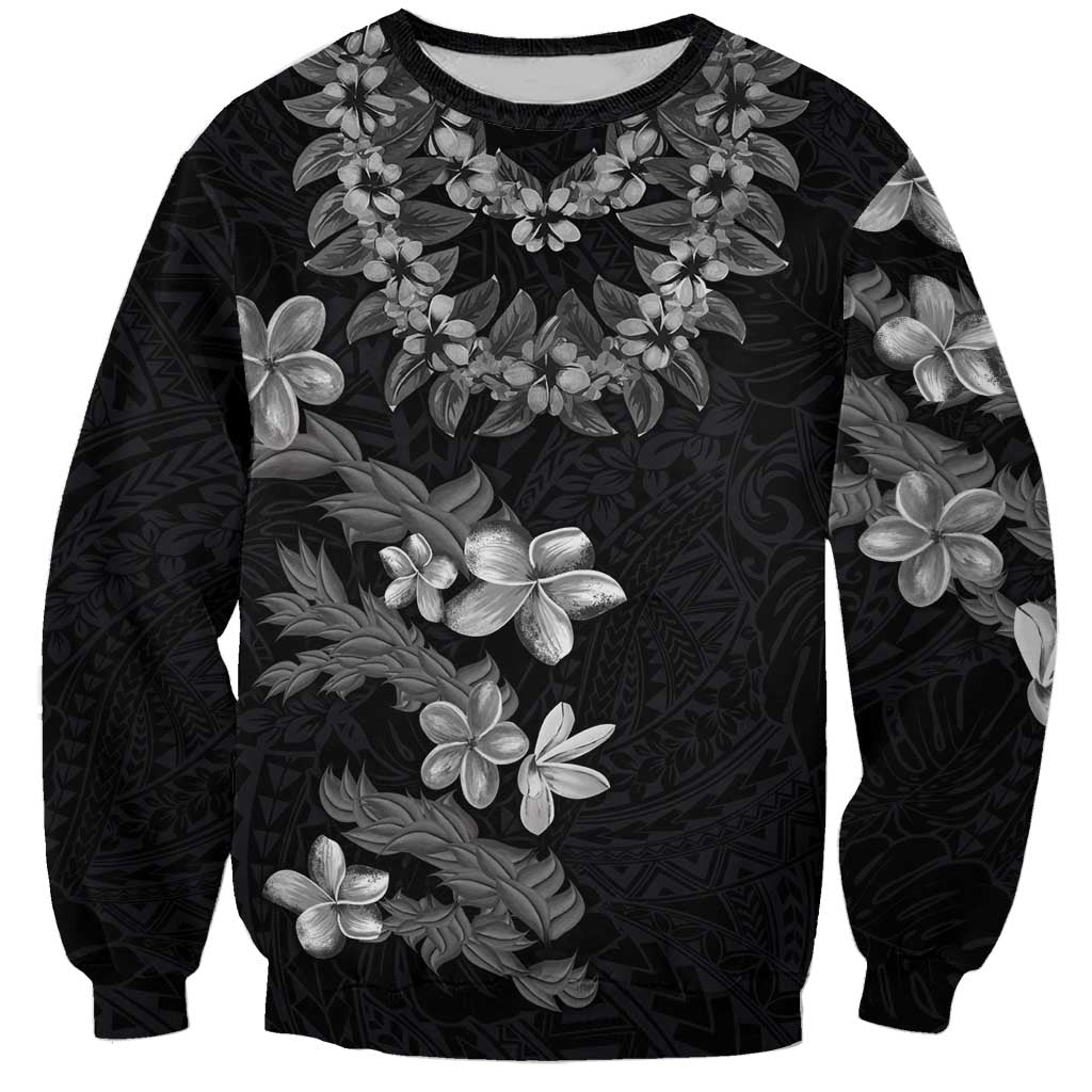 Hawaiian Lei Plumeria and Tropical Leaves Sweatshirt Watercolor Style-Grayscale LT03 Unisex Black - Polynesian Pride