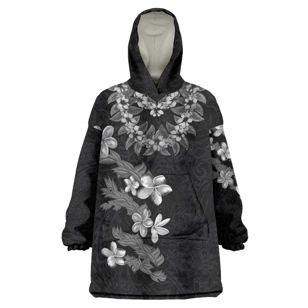 Hawaiian Lei Plumeria and Tropical Leaves Wearable Blanket Hoodie Watercolor Style-Grayscale LT03 One Size Black - Polynesian Pride
