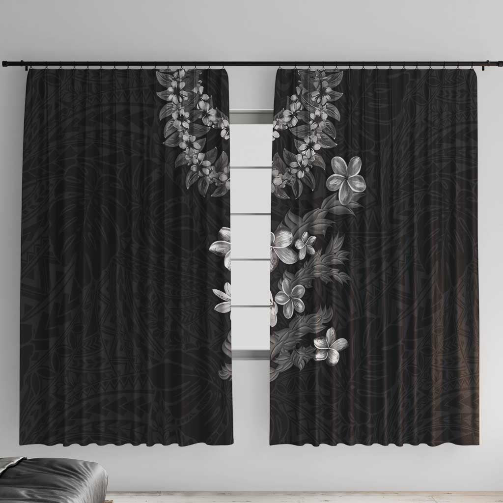 Hawaiian Lei Plumeria and Tropical Leaves Window Curtain Watercolor Style-Grayscale LT03 With Hooks Black - Polynesian Pride