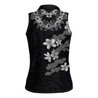 Hawaiian Lei Plumeria and Tropical Leaves Women Sleeveless Polo Shirt Watercolor Style-Grayscale