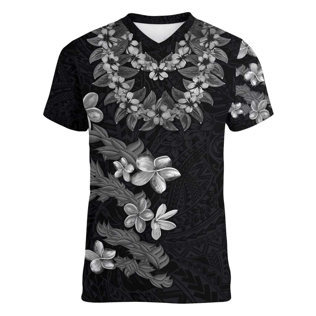 Hawaiian Lei Plumeria and Tropical Leaves Women V-Neck T-Shirt Watercolor Style-Grayscale