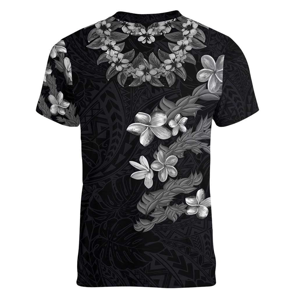 Hawaiian Lei Plumeria and Tropical Leaves Women V-Neck T-Shirt Watercolor Style-Grayscale