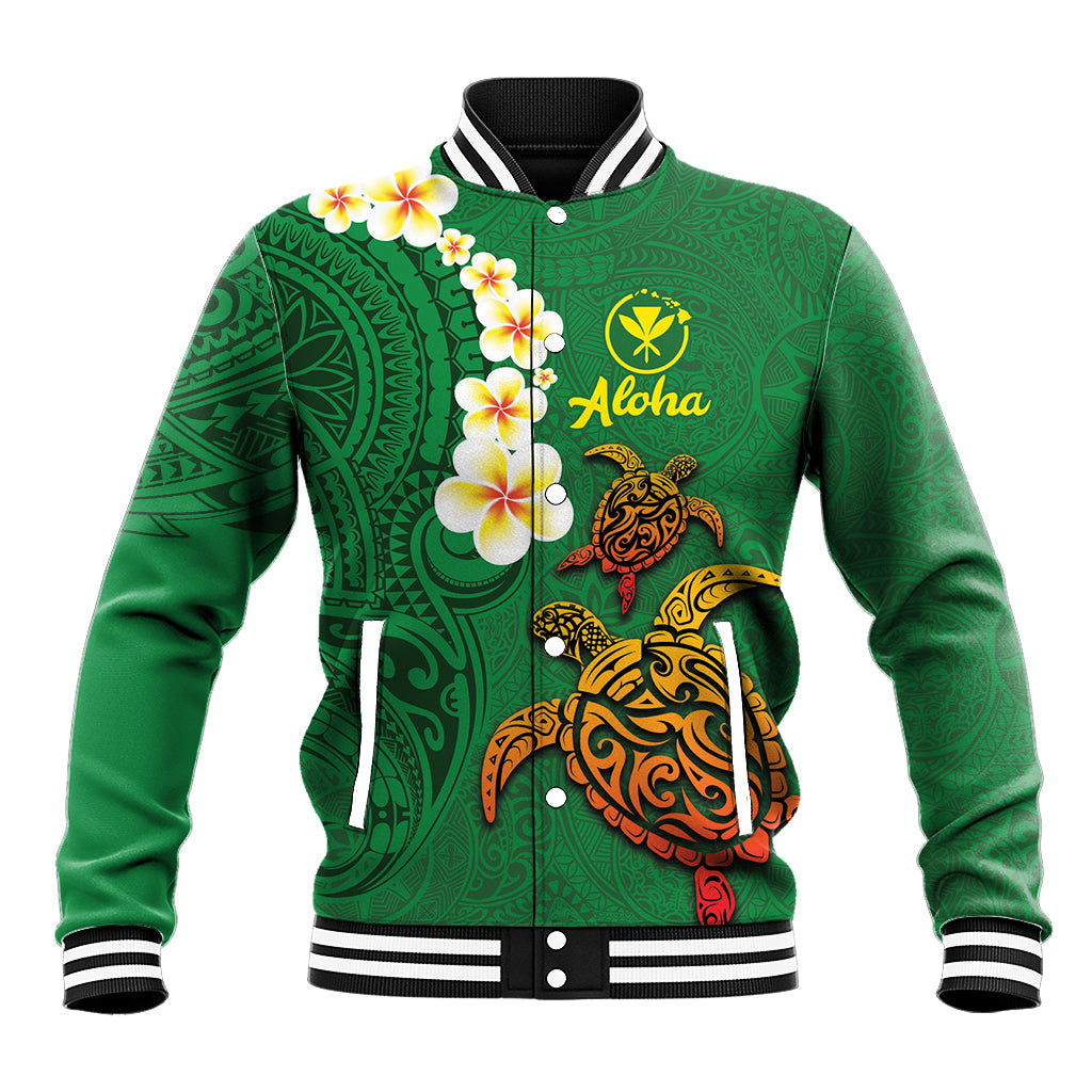 Hawaii Turtle Plumeria Flower Baseball Jacket Polynesian Pattern Green Color LT03 Unisex Green - Polynesian Pride