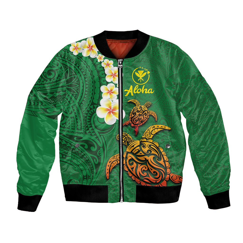 Hawaii Turtle Plumeria Flower Bomber Jacket Polynesian Pattern Green Color LT03 Unisex Green - Polynesian Pride