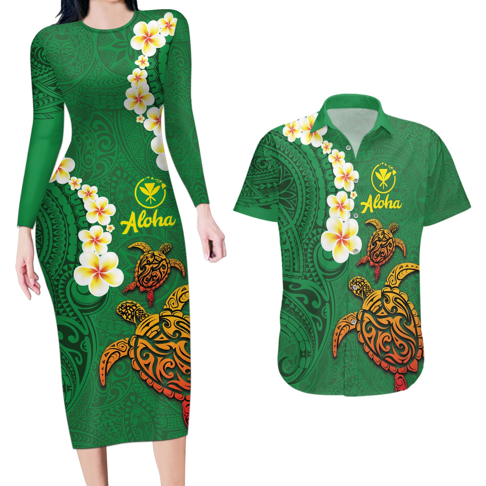 Hawaii Turtle Plumeria Flower Couples Matching Long Sleeve Bodycon Dress and Hawaiian Shirt Polynesian Pattern Green Color