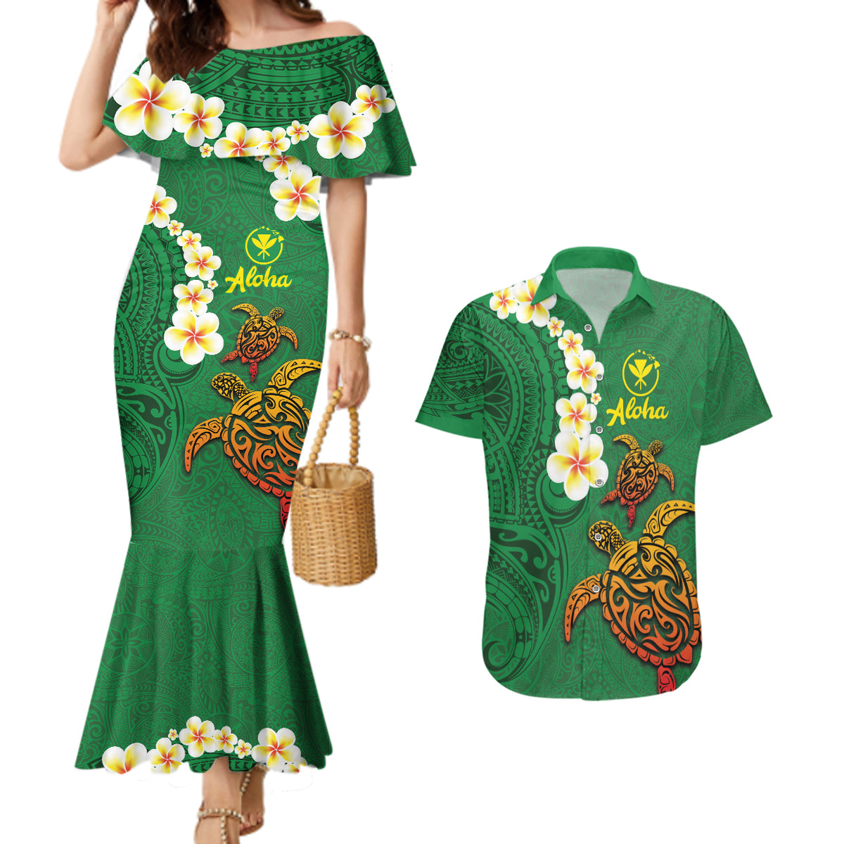 Hawaii Turtle Plumeria Flower Couples Matching Mermaid Dress and Hawaiian Shirt Polynesian Pattern Green Color