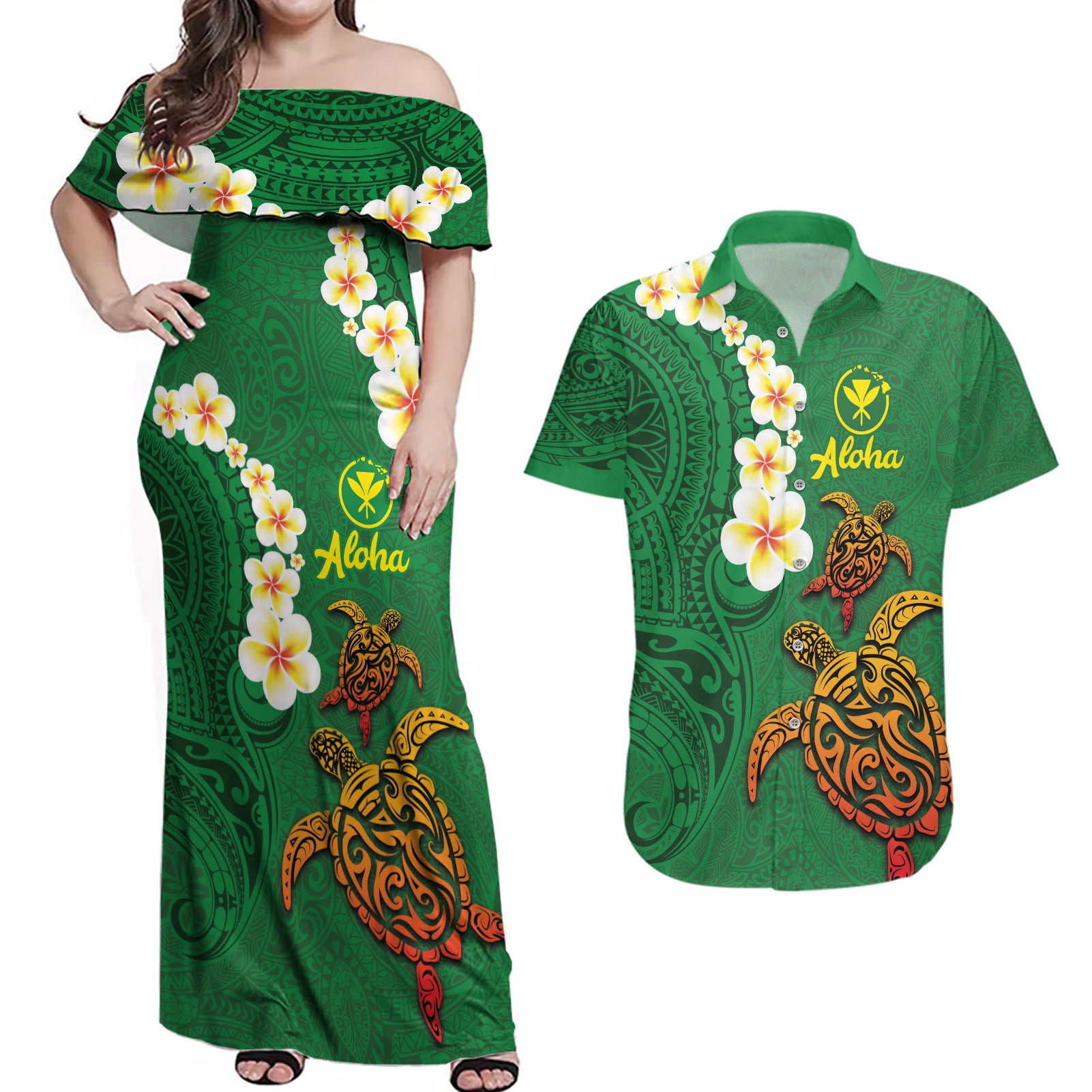 Hawaii Turtle Plumeria Flower Couples Matching Off Shoulder Maxi Dress and Hawaiian Shirt Polynesian Pattern Green Color