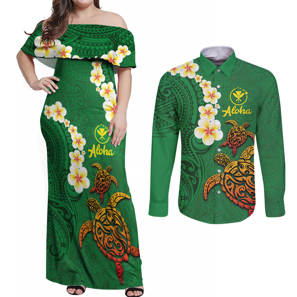 Hawaii Turtle Plumeria Flower Couples Matching Off Shoulder Maxi Dress and Long Sleeve Button Shirt Polynesian Pattern Green Color LT03 Green - Polynesian Pride