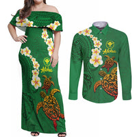 Hawaii Turtle Plumeria Flower Couples Matching Off Shoulder Maxi Dress and Long Sleeve Button Shirt Polynesian Pattern Green Color LT03 Green - Polynesian Pride