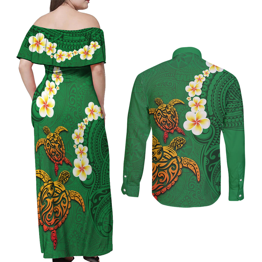 Hawaii Turtle Plumeria Flower Couples Matching Off Shoulder Maxi Dress and Long Sleeve Button Shirt Polynesian Pattern Green Color LT03 - Polynesian Pride