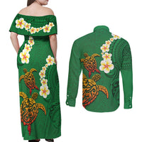 Hawaii Turtle Plumeria Flower Couples Matching Off Shoulder Maxi Dress and Long Sleeve Button Shirt Polynesian Pattern Green Color LT03 - Polynesian Pride