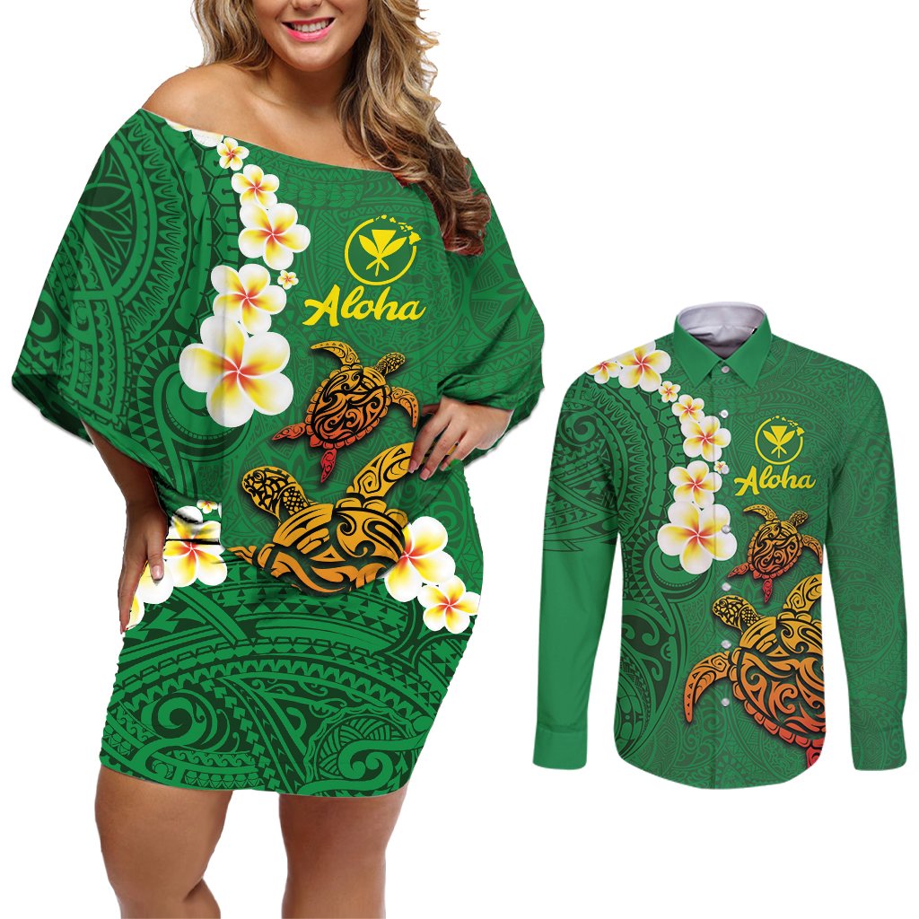 Hawaii Turtle Plumeria Flower Couples Matching Off Shoulder Short Dress and Long Sleeve Button Shirt Polynesian Pattern Green Color LT03 Green - Polynesian Pride