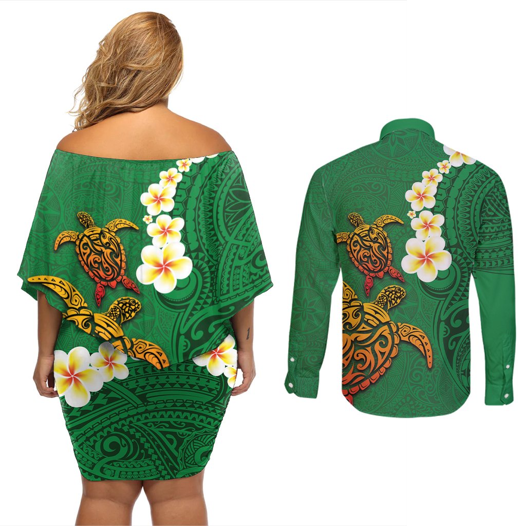 Hawaii Turtle Plumeria Flower Couples Matching Off Shoulder Short Dress and Long Sleeve Button Shirt Polynesian Pattern Green Color LT03 - Polynesian Pride