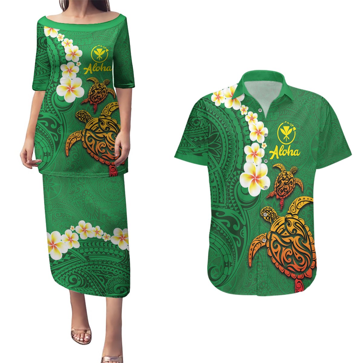 Hawaii Turtle Plumeria Flower Couples Matching Puletasi and Hawaiian Shirt Polynesian Pattern Green Color LT03 Green - Polynesian Pride