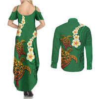 Hawaii Turtle Plumeria Flower Couples Matching Summer Maxi Dress and Long Sleeve Button Shirt Polynesian Pattern Green Color LT03 - Polynesian Pride