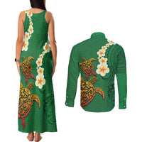 Hawaii Turtle Plumeria Flower Couples Matching Tank Maxi Dress and Long Sleeve Button Shirt Polynesian Pattern Green Color LT03 - Polynesian Pride