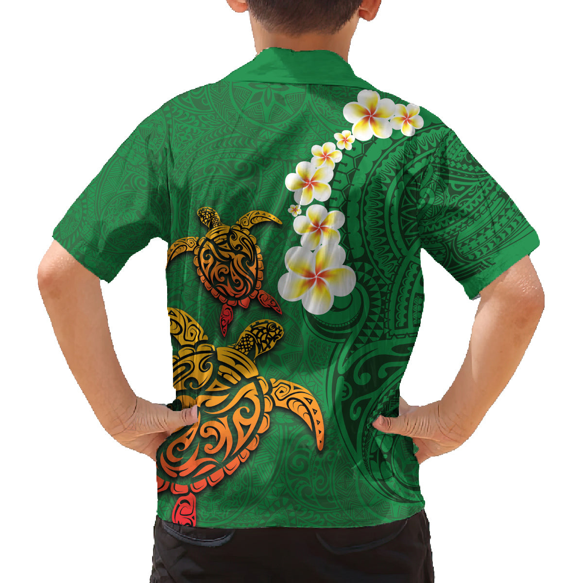 Hawaii Turtle Plumeria Flower Family Matching Long Sleeve Bodycon Dress and Hawaiian Shirt Polynesian Pattern Green Color