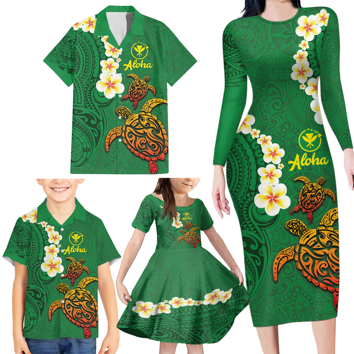 Hawaii Turtle Plumeria Flower Family Matching Long Sleeve Bodycon Dress and Hawaiian Shirt Polynesian Pattern Green Color