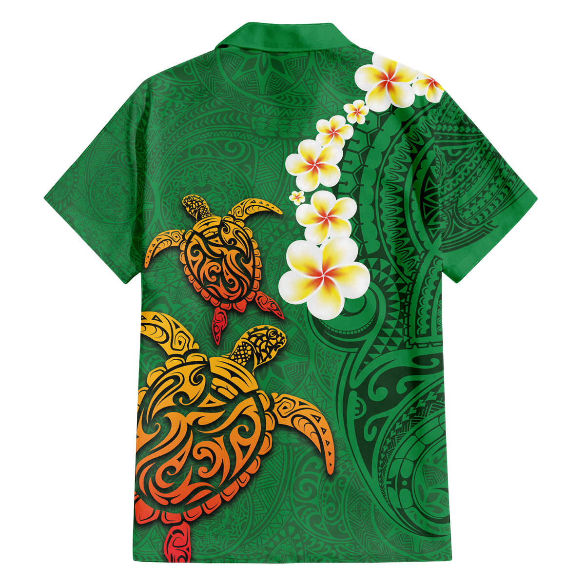 Hawaii Turtle Plumeria Flower Family Matching Long Sleeve Bodycon Dress and Hawaiian Shirt Polynesian Pattern Green Color