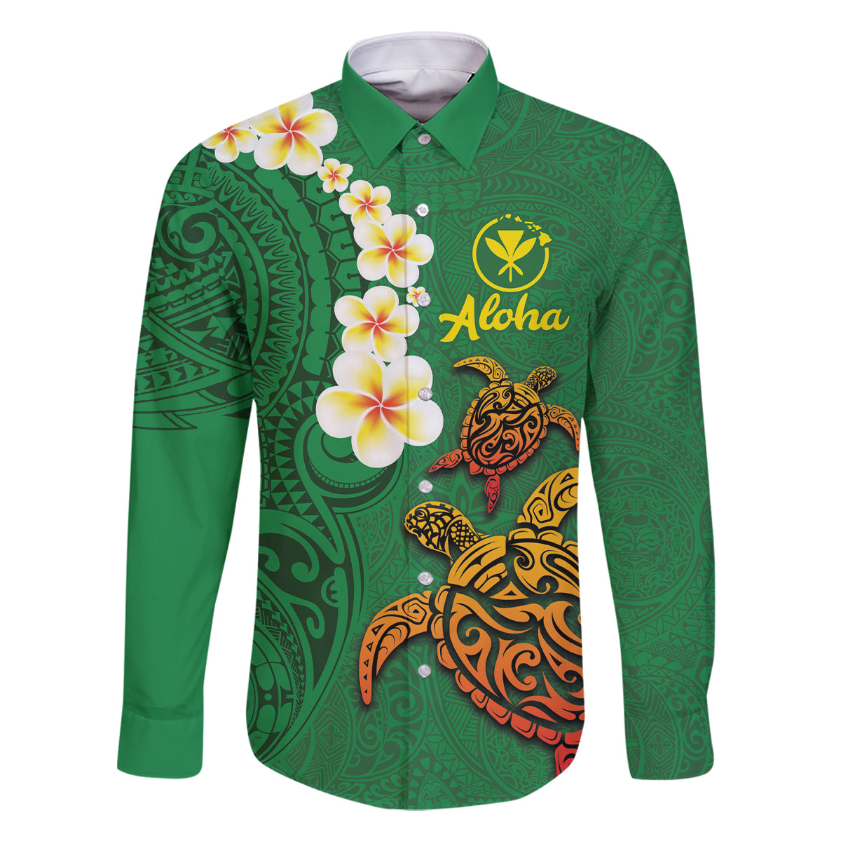 Hawaii Turtle Plumeria Flower Family Matching Long Sleeve Bodycon Dress and Hawaiian Shirt Polynesian Pattern Green Color